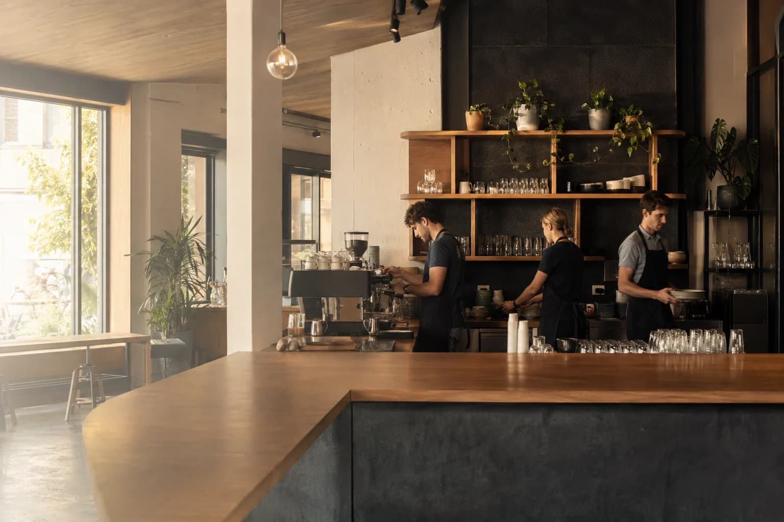 Illustrative café scene with three team members working together behind the counter
