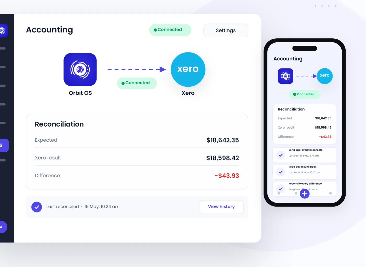 Orbit connected to accounting software, with the reconciliation