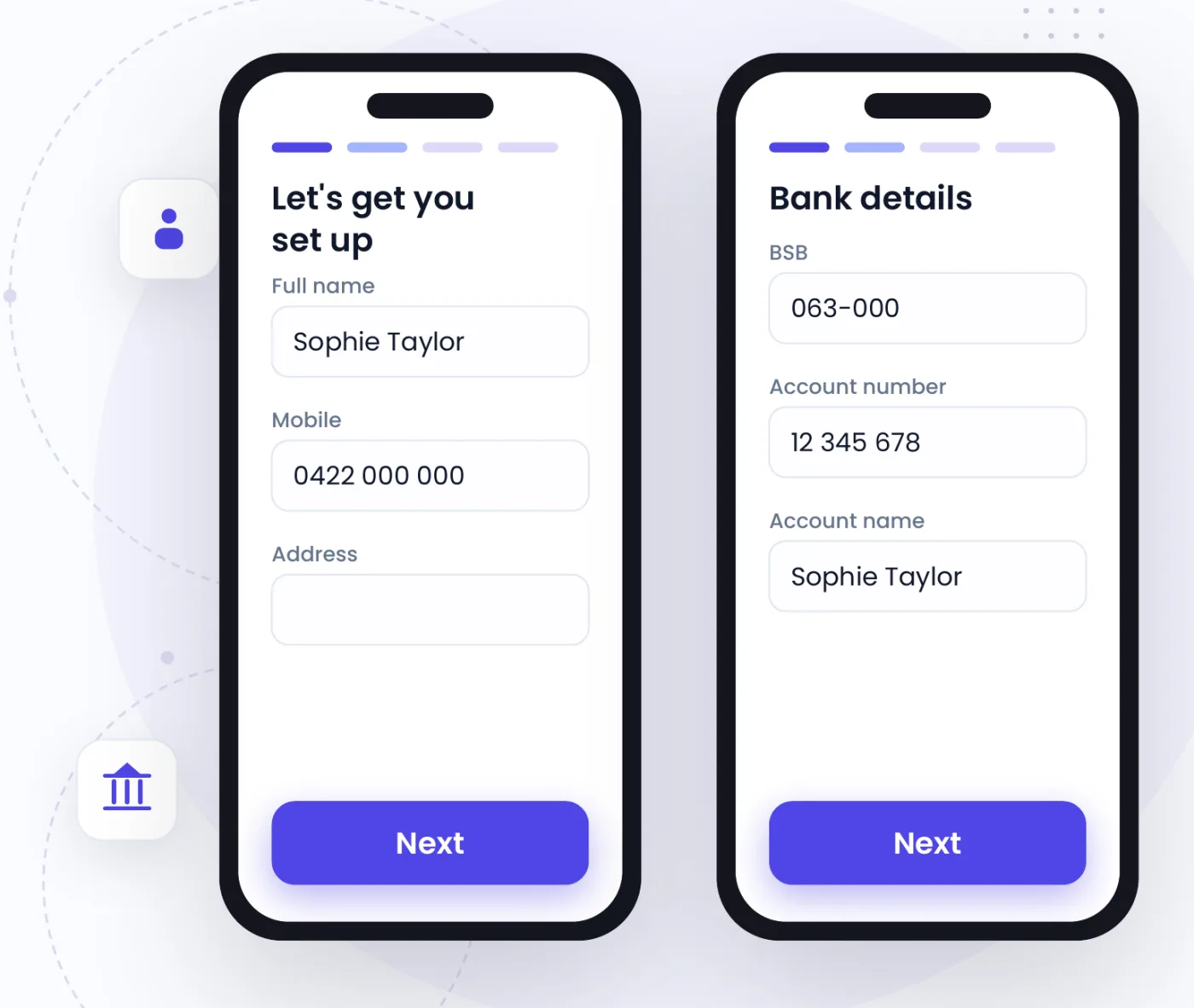 Onboarding on two phones: personal details, then bank details