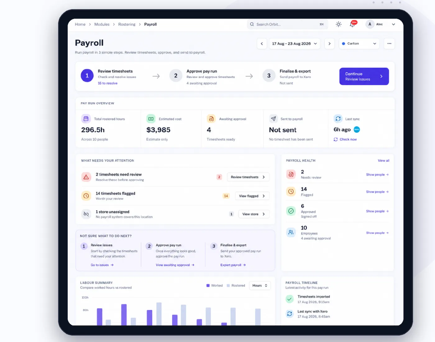 Payroll on a tablet: review timesheets, approve the pay run, finalise and export; what needs attention; payroll health