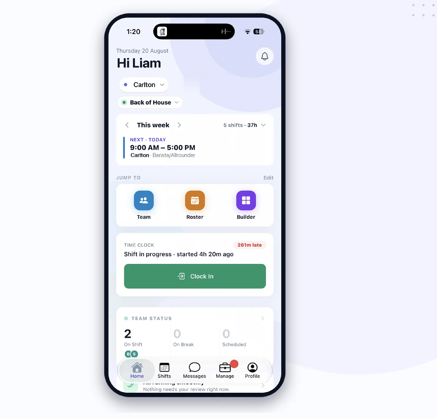 The staff app on a phone: today's shift, the clock-in button and who is on shift