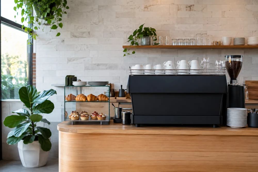 Illustrative empty café service counter with an espresso machine, cups and croissants