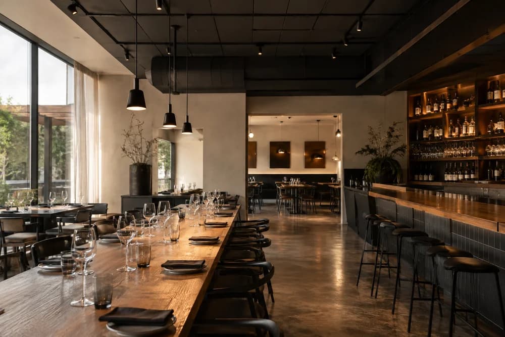 Illustrative empty restaurant dining room with a long communal table and warm lighting