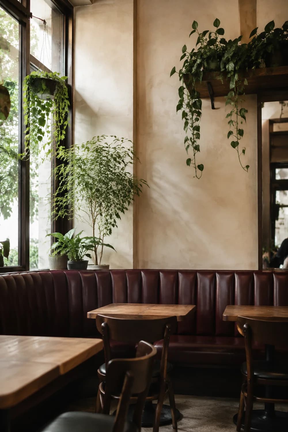 Illustrative empty café with booth seating and timber tables