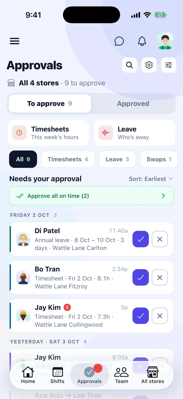The Orbit Operations app: requests from every venue waiting to be approved, earliest first, with Approve all on time