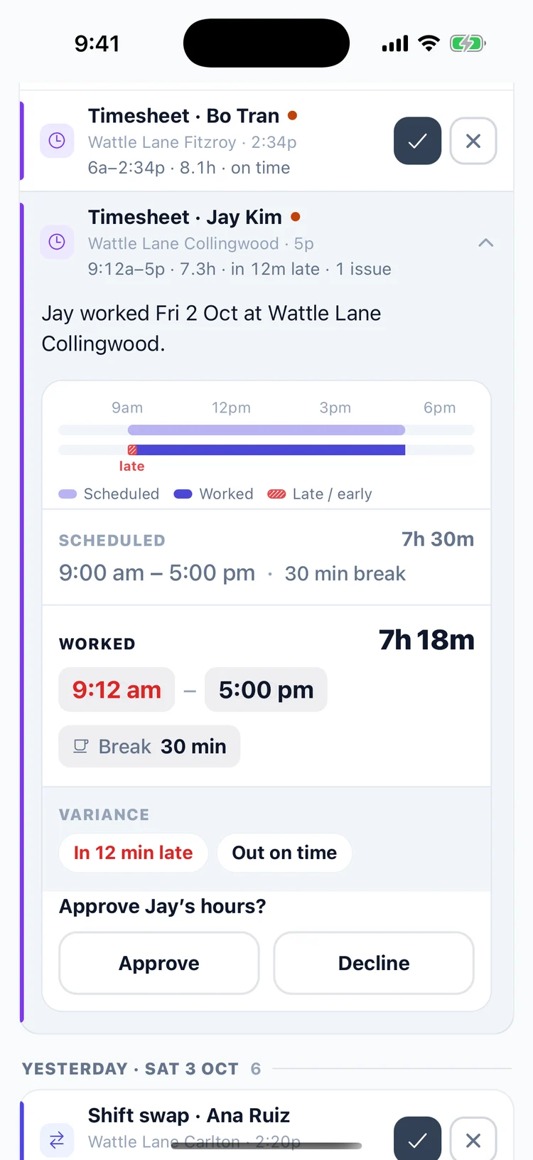 A timesheet opened in the Orbit Operations app: scheduled 9:00 am to 5:00 pm beside worked 9:12 am to 5:00 pm, the 12 late minutes marked on the bar, with Approve and Decline