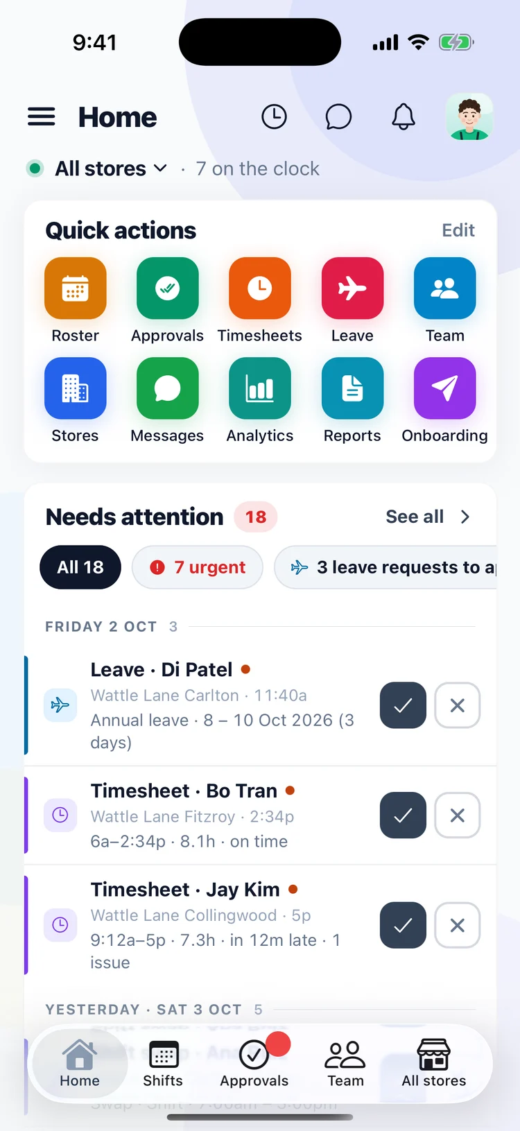 The Orbit Operations app home: quick actions and Needs attention across all stores, each item on its own row by day with its venue and time, and approve or decline beside it