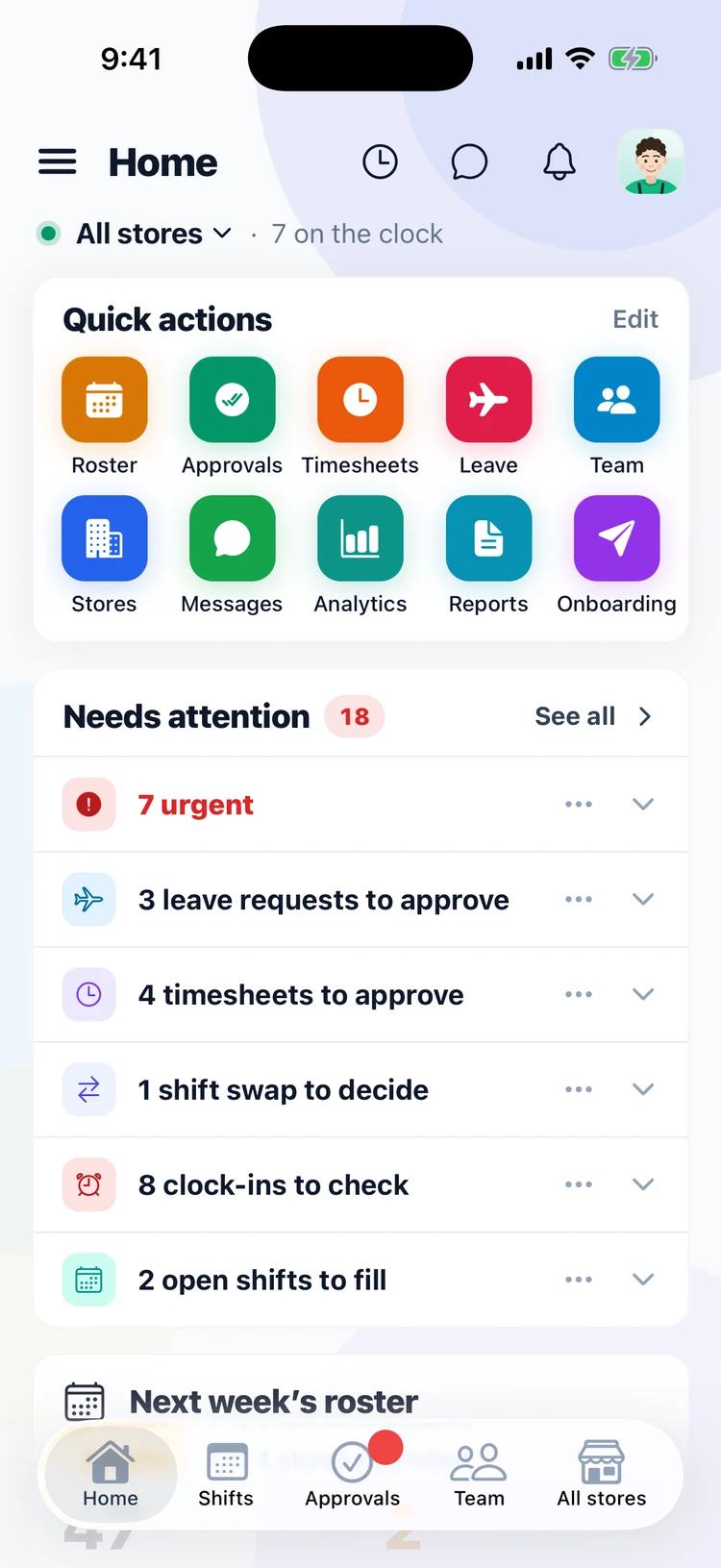 The Orbit Operations app home: Needs attention across all stores, with leave, timesheets, a swap, clock-ins to check and open shifts