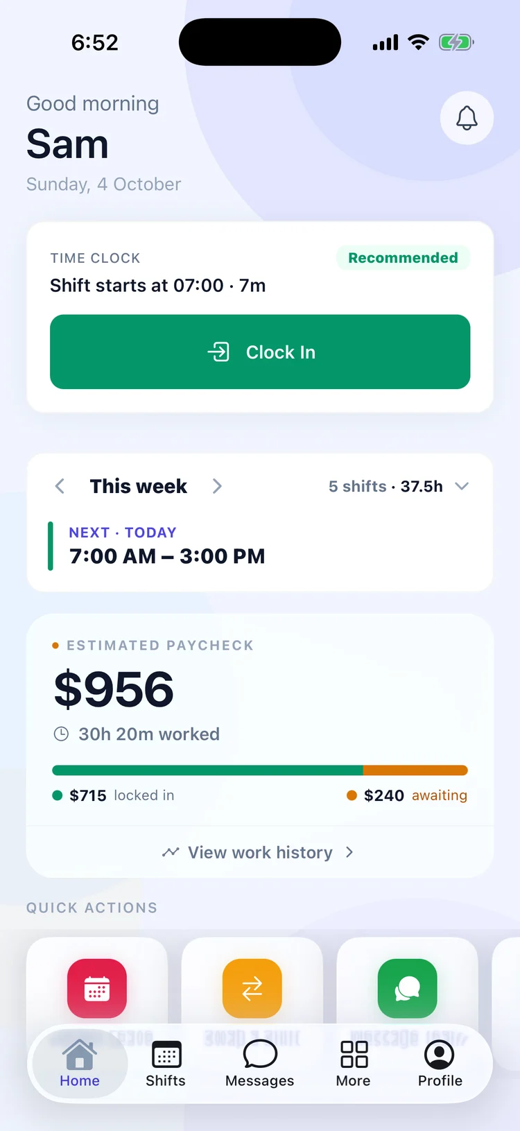 The Orbit Staff app a few minutes before a shift: the Clock in button, this week’s shifts and the estimated pay