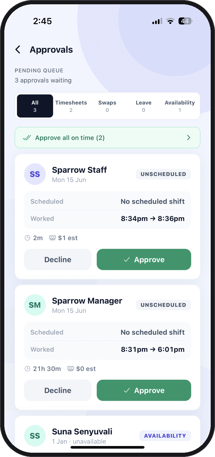 The Orbit Operations approvals queue, leave, swaps and timesheets