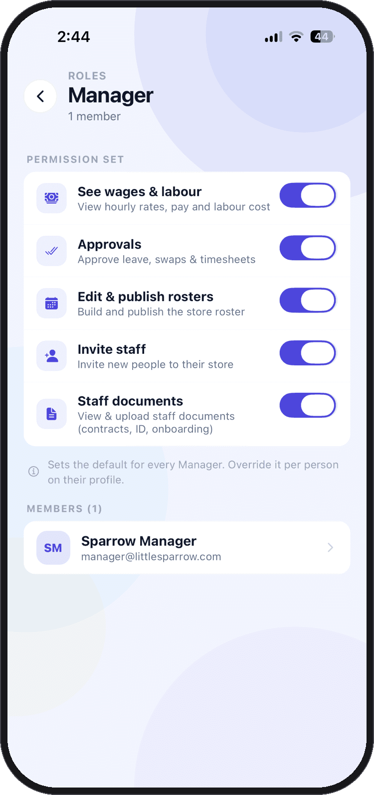 The per-role permission set in Orbit Operations, toggles for wages, approvals, rosters and more