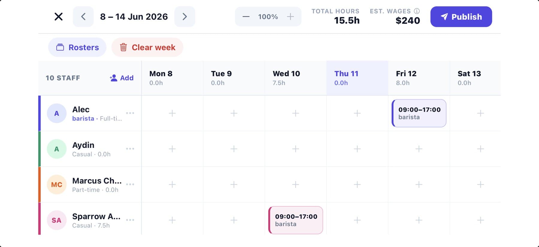 The Orbit Rostering builder — staff down the side, the week across the top, with live hours and wage estimate