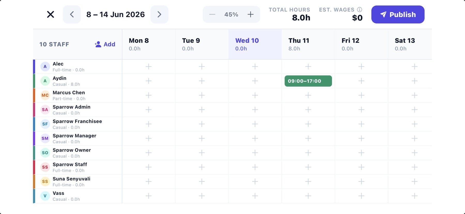 Landscape roster grid showing ten staff across a full week with shifts and totals