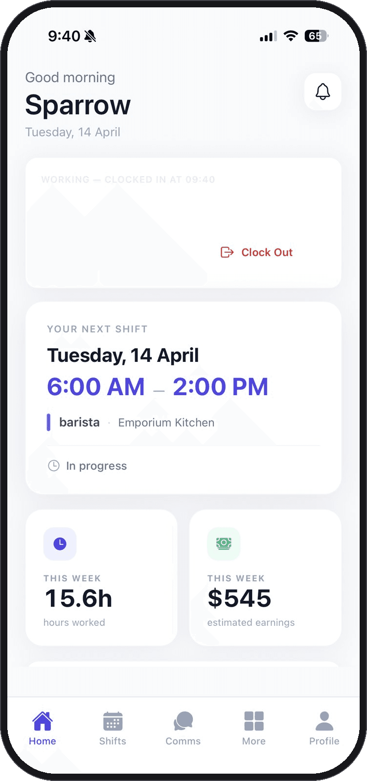 A published shift shown on the Orbit Staff app